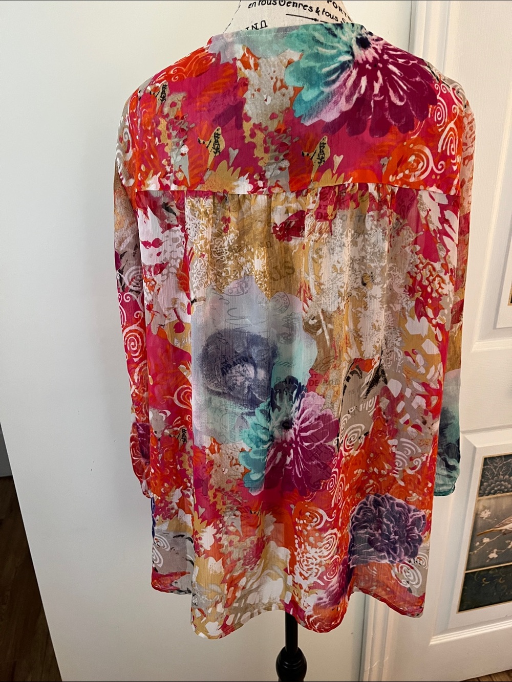 Tribal Multicolor Floral Pleated Tunic - Red, Pink, Orange, Yellow, Blue, Green - Picture 4 of 8